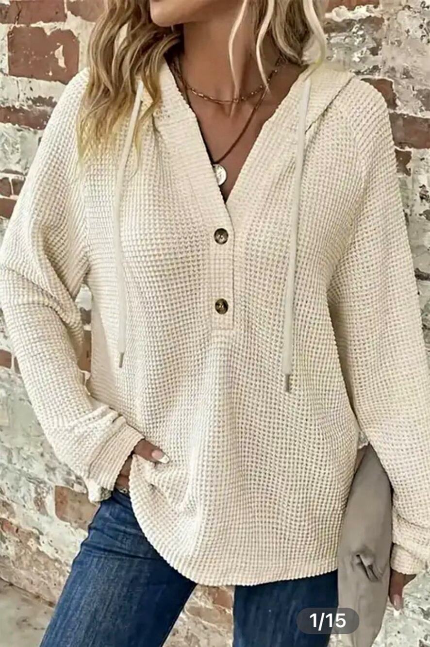 Flamingals Waffle Knit Half Button Placket Drawstring Long Sleeve Hoodie-Large